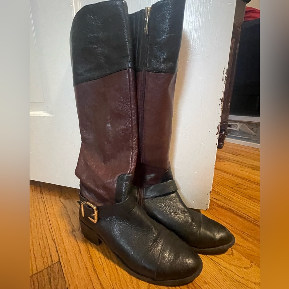 Vince Camuto Brown and Black Leather Riding-style Boots with Gold hardware